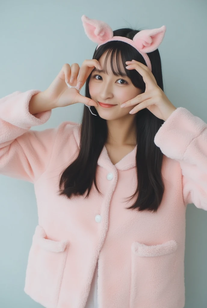 Only one woman with a cute smile wears cute, fluffy off-shoulder pajamas, makes a big heart shape with both hands, and poses them in front of her chest, View above collarbone、The background is a monotone 

