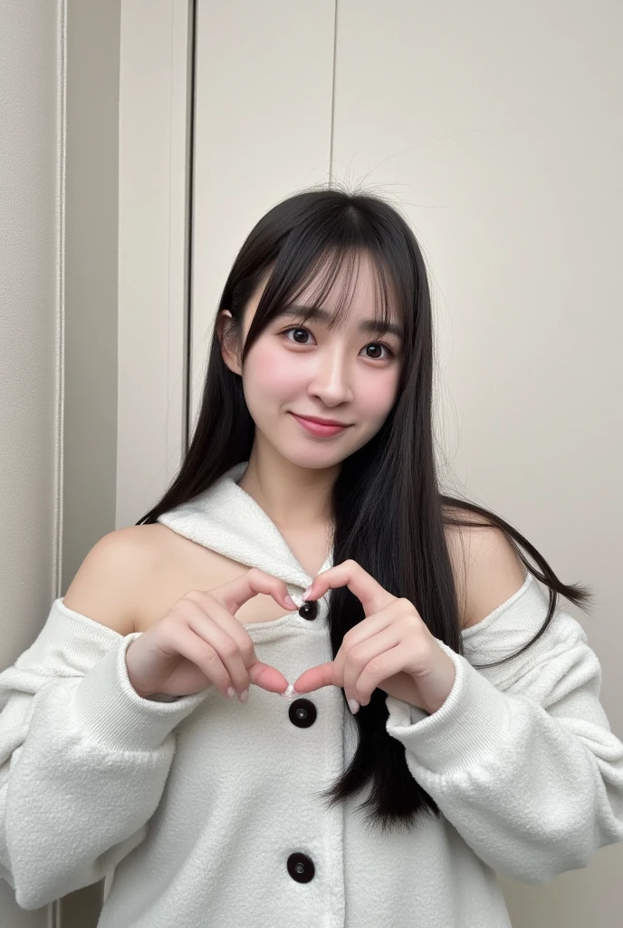 Only one woman with a cute smile wears cute, fluffy off-shoulder pajamas, makes a big heart shape with both hands, and poses them in front of her chest, View above collarbone、The background is a monotone 

