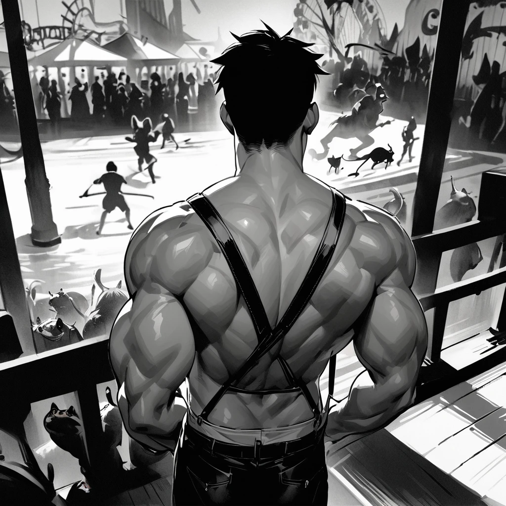 Best Quality、masterpiece、  High image quality、8k、Ink painting、Monochrome、Midnight amusement park、Anthropomorphic rats guy, Slim Body ,Muscular, turn your back,Spread your arms,Shorts, Y shirt, suspenders