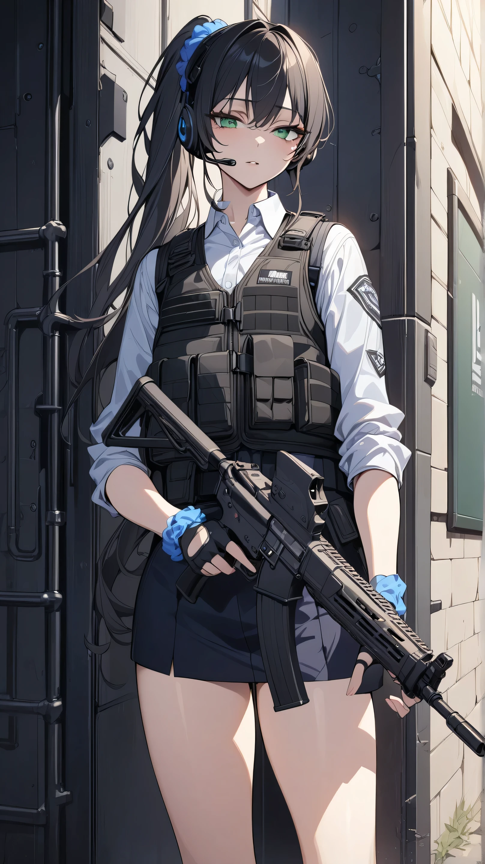 ((Best Quality)),masterpiece,detailed, Beautiful girl anime style, Standing, solo, 1 girl, 18 yo, JK, looking at viewer, too thin body, pale skin, flat chest, slanted eyes, long hair, black hair, green eyes, ponytail, blue scrunchie, using an black assault rifle, clothed, black headset, blazer, Fingerless gloves, bullet proof vest,