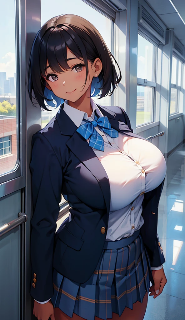 A beautiful girl is standing in the school hallway,Looking at the viewer,Smile, navy blue blazer, white blouse, Plaid Pleated Skirt,Light blue bow tie,(Big Breasts:1.6),( tan brown skin),(Short black hair),A window with a view of the blue sky,High image quality