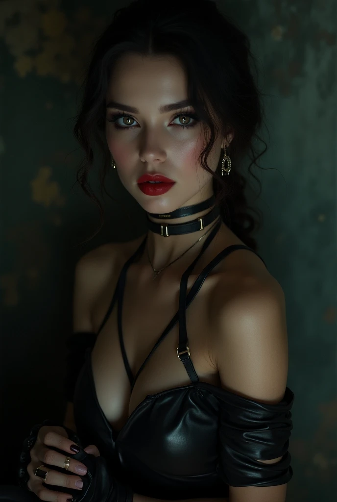 Roma girl as slave girl close up nude portrait photo of submissive ,wearing bdsm collar collar with big ring and bdsm style leather corset, with eyes looking at camera, slim, ponytail hair, big sensual red lips , pale skin, perfect tits, model face, topless, perfect skin, goosebumps, ultra realistic, trend on instagram, in a luxury salon for gentlemen