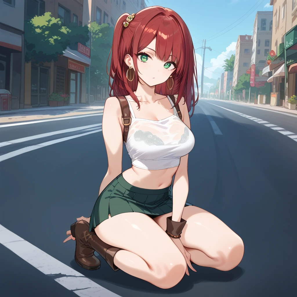 score_9, score_8_up, score_7_up, source_Cartoon, road ,   red hair, (green eyes, one side up),,hair accessories,   Glossy Skin , long hair, Short Skirt Black Above Knee Boots Hoop Earrings Thin Silk Slim Shoulder Slim Fit Full Body Photo 