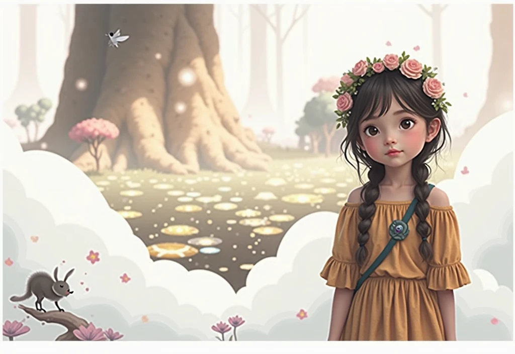 uma menina curiosa e criativa, various poses and expressions of white background, children's book illustration style, simples, fofo, 6 anos, with a magic book in your hands, em um jardim encantado