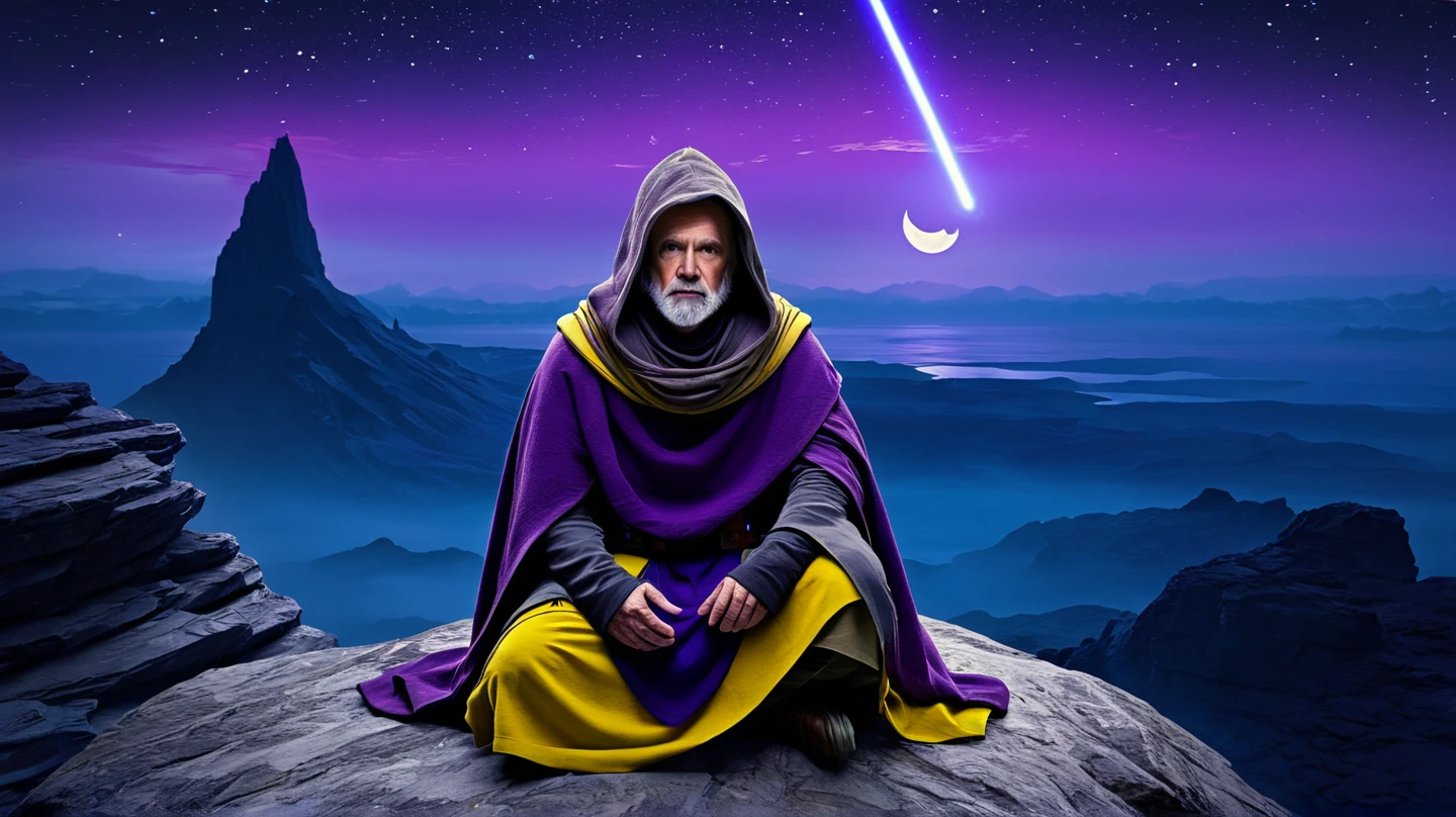 arcan3styl3v1, masterpiece, highcontrast, star wars cinematic, A jedi master with a yellow (old  ragged, hood, cape) sitting on rock meditading, top of the mountain, top view,  in a star wars landscape.  Blue and purple cloths, night time, space, stars, moons, and planets, purple aurora boreal, no face, 