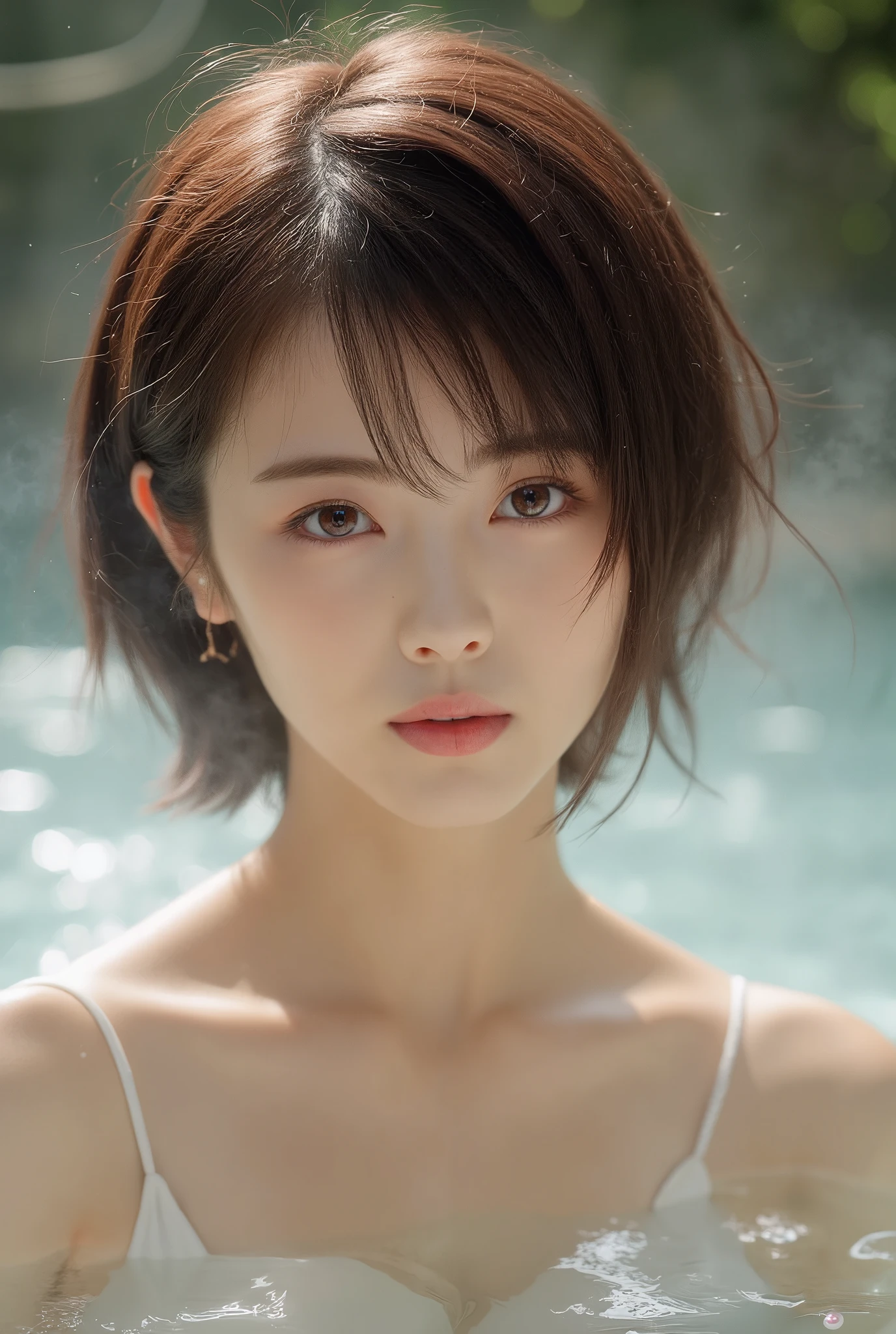 masutepiece, Best Quality, Illustration, Ultra-detailed, delicate detail, Hight Resolution, 8K wallpaper, Perfect dynamic composition, Beautiful detailed eyes, monokini, Sexy Pose , ((An outdoor pool))