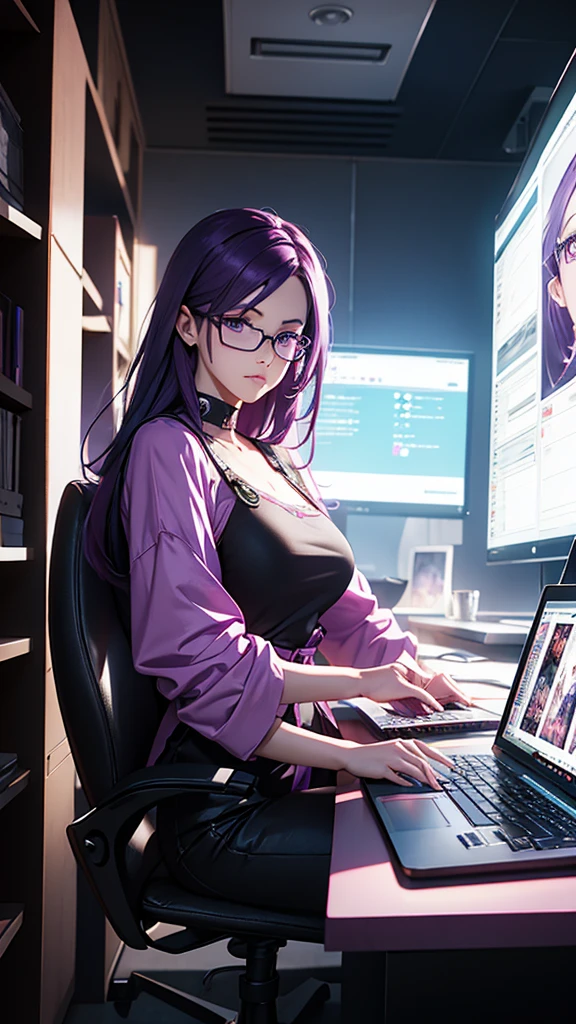 Purple shorthair Glasses shiny purple satin blouse black tight skirt stockings (Strap ID Card) 50 years old レッドルージュPlumpとした唇 round face Plump (eye contact) Office in a high-rise building sitting at the computer desk and looking back. sunset A talented female secretary who gives advice