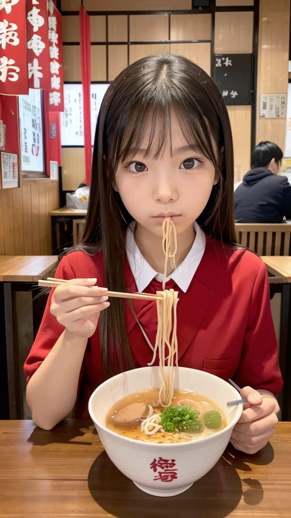 At a ramen shop,With no expression,Bring your face close to the bowl , eyes look at the ramen inside the bowl ,Silence々 and use chopsticks to fill your mouth full of ramen,Super beauty,18 years old,High school girl in school uniform, looks a little angry ,Very comical ,