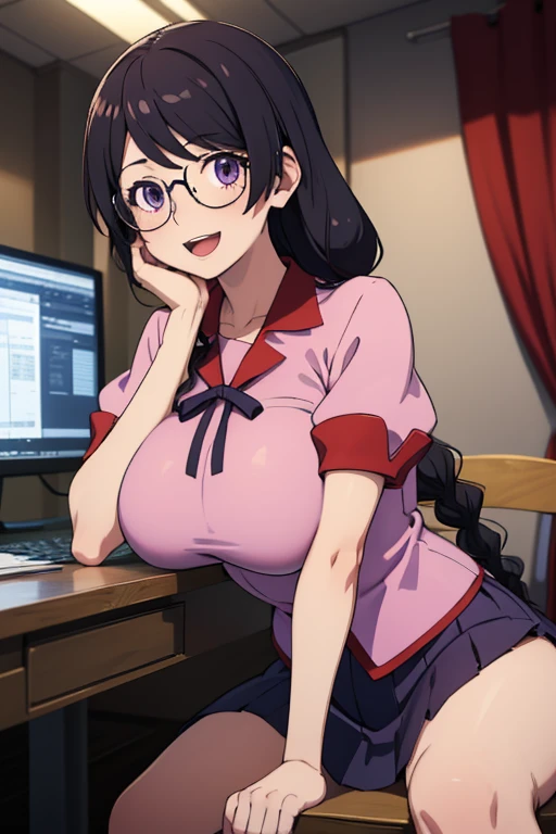 masterpiece, Best Quality,  Defutsubasa,  Black Hair ,  purple eyes,  braided ponytail , Glasses,  pink shirt,  puff sleeve , Short sleeve,  pleated skirt, (Busty:1.5),  sitting, bedroom,  viewers, :d, machine, chair. close your mouth,