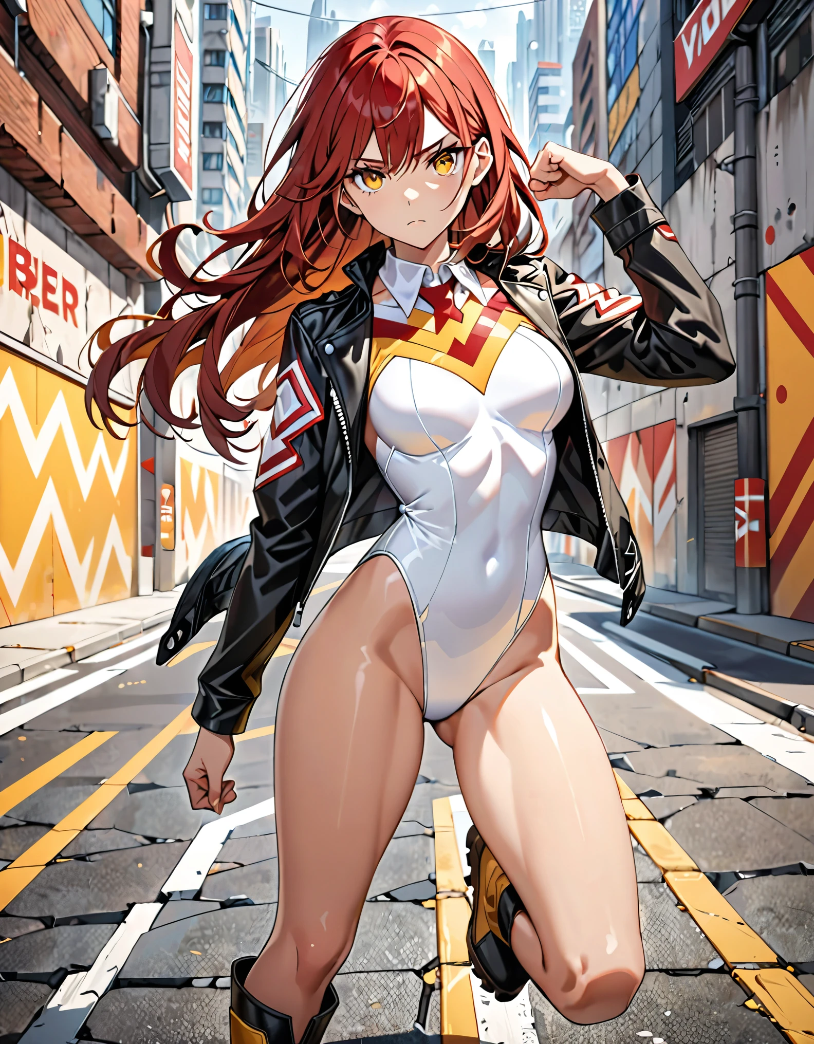 masterpiece, highest quality, High resolution, 1 girl, ticker, long hair, big breasts, race_Queen,red leotard, Jacket, embarrassing,closed mouth, field