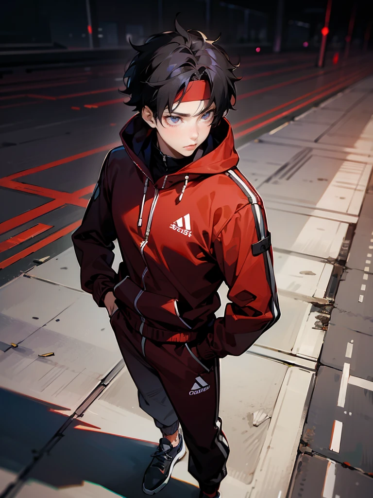 1male ,Black Headband, Messy Black Hair , Purple Eyes , Somber Expression , Black Tracksuit , Red Hood , Standing on path , Perfect lighting , Adult Male , Muscular 