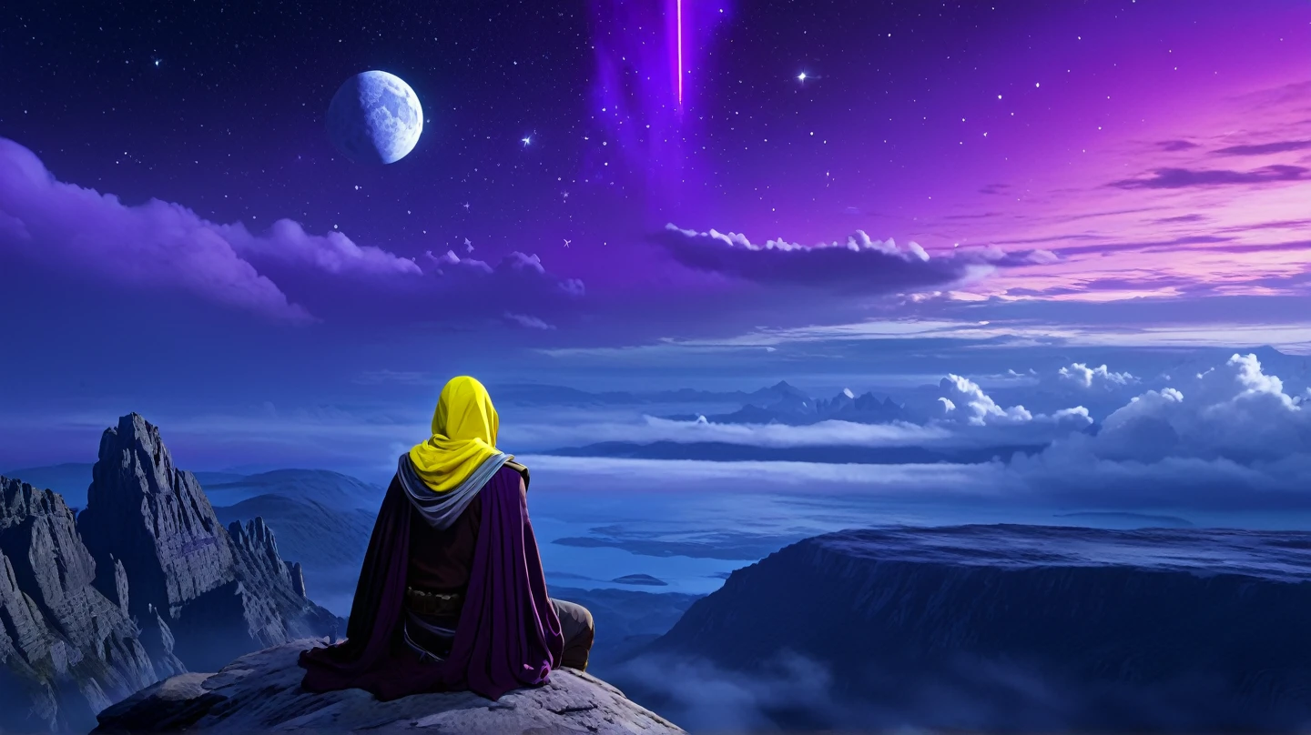 arcan3styl3v1, masterpiece, highcontrast, A jedi master with a yellow (old  ragged, hood, cape) sitting on rock meditating, top of the mountain, clouds, top view,  star wars landscape.  Blue and purple cloths, night time, space, stars, various moons, and planets, purple aurora boreal in the sky, no face, view his back from the sides, panoramic