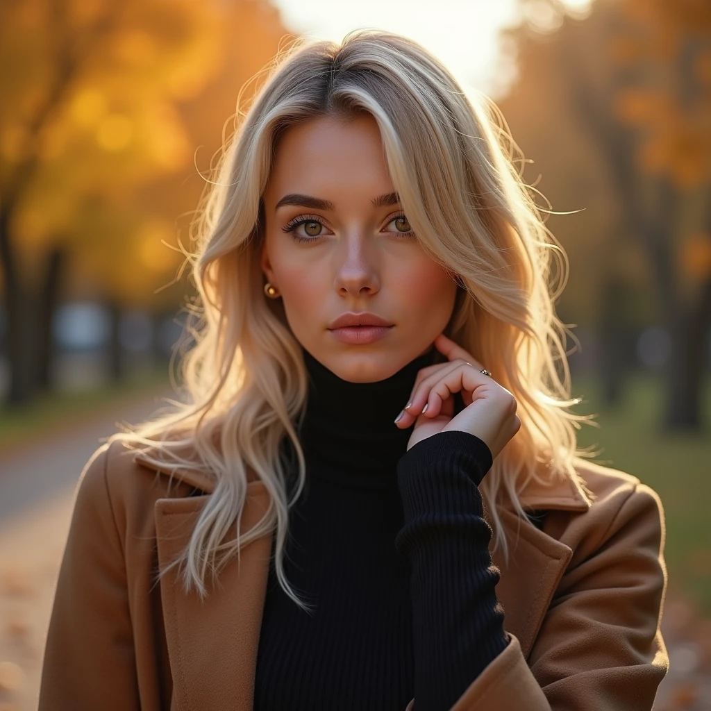 an amateur photo of ronjavonroenne, a woman with messy hair, wearing lipstick and modest casual autumn clothes and jeans on a sunny autumn day.