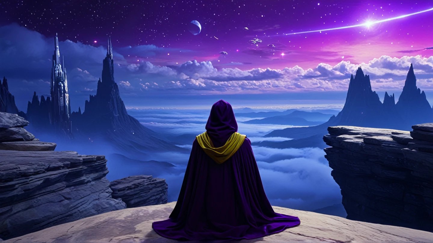 arcan3styl3v1, masterpiece, highcontrast, A jedi master with a yellow (old  ragged, hood, cape) sitting on rock meditating, top of the mountain, clouds, top view,  star wars landscape.  Blue and purple cloths, night time, space, stars, various moons, and planets, purple aurora boreal in the sky, no face, view his back from the sides, panoramic