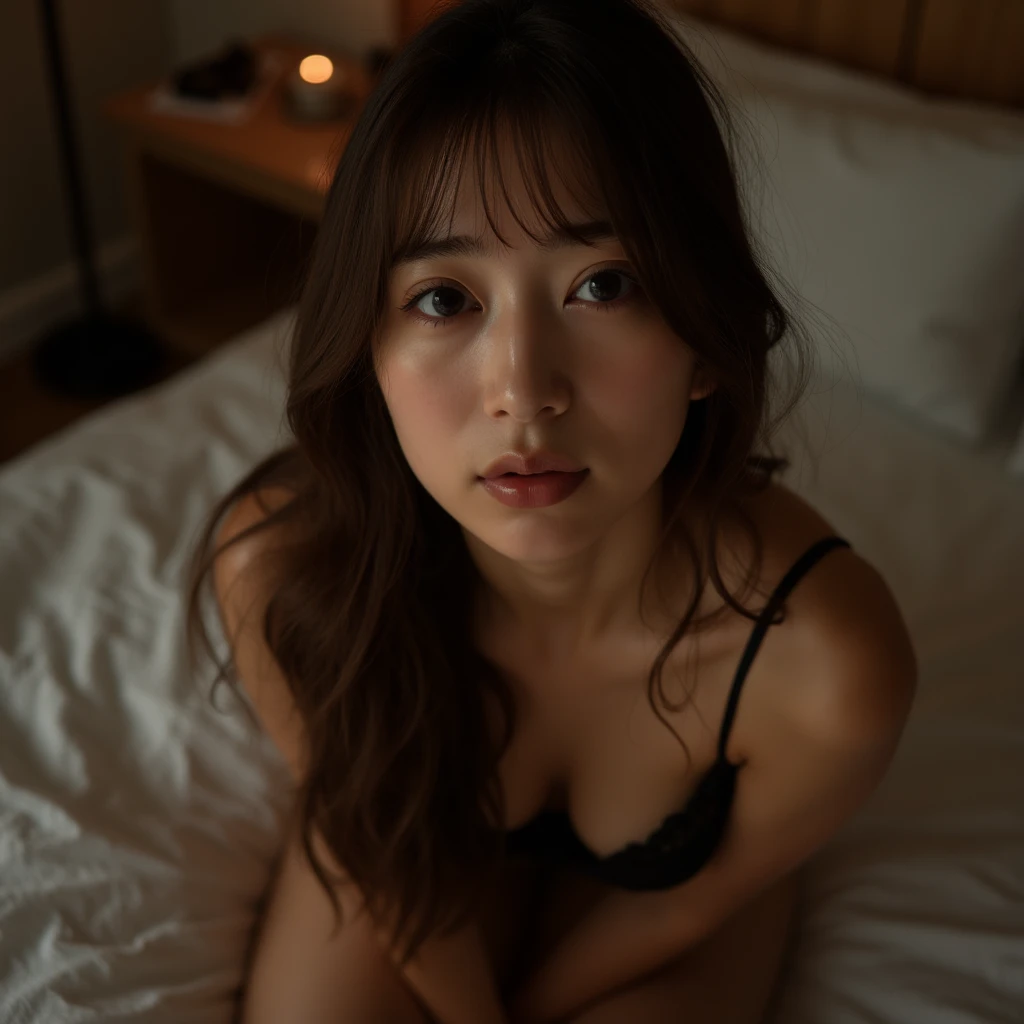 A close-up view of a young East-Asian woman with long brown hair, kneeling on her knees, looking up at the camera with a erotic expression, closed eyes, open mouth,delicate features, wearing a black lace top, natural lighting with soft shadows, creating a warm and extreme intimate atmosphere.in Hotel room, night,