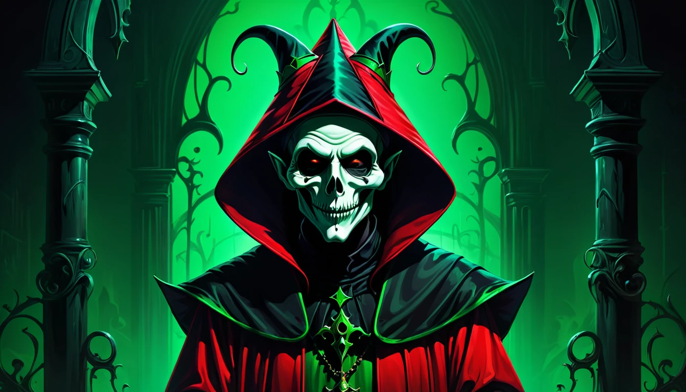 green gloomy environment  ,  neon green background and in the middle grim reaper dressed as a court jester in a black red outfit,   gloomy horror style with shadows on the back  