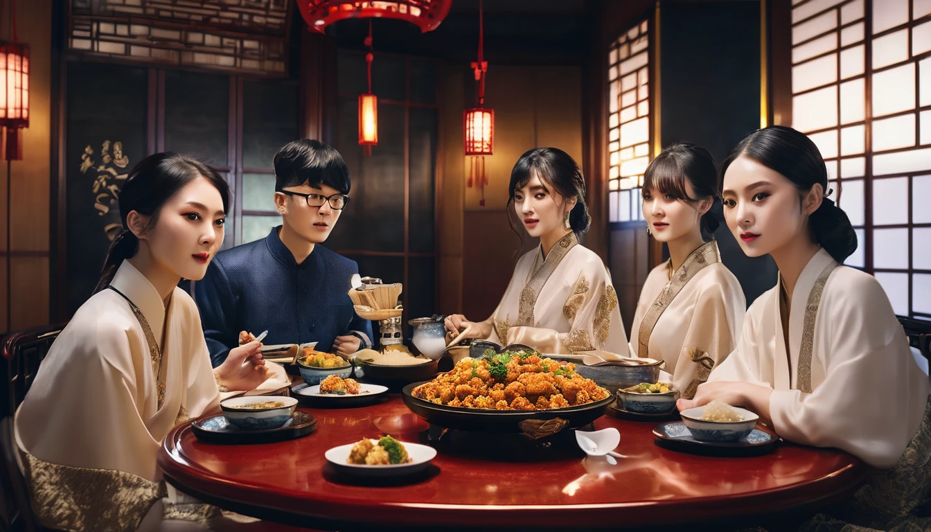 The family eats Chinese New Year's Eve with mom and dad, grandma and brother