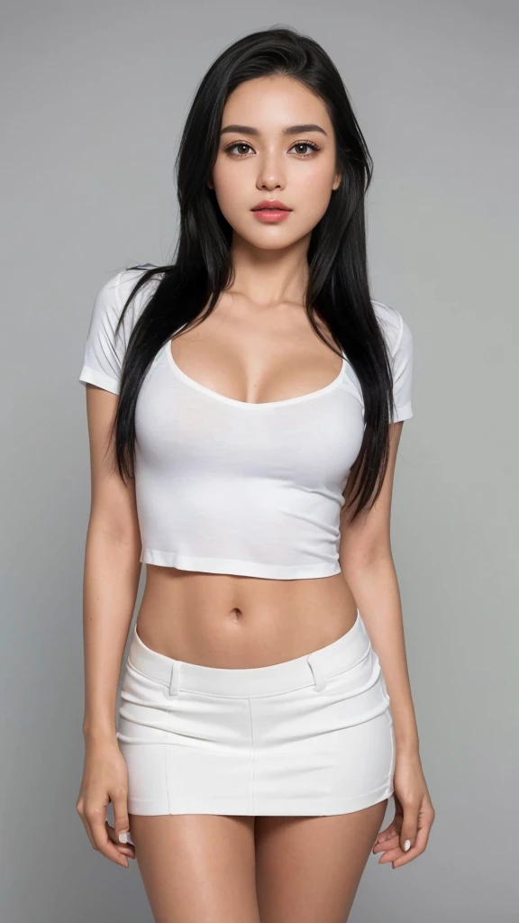 A young girl with average breasts and ass, wearing tight clothes, She is white and has black hair