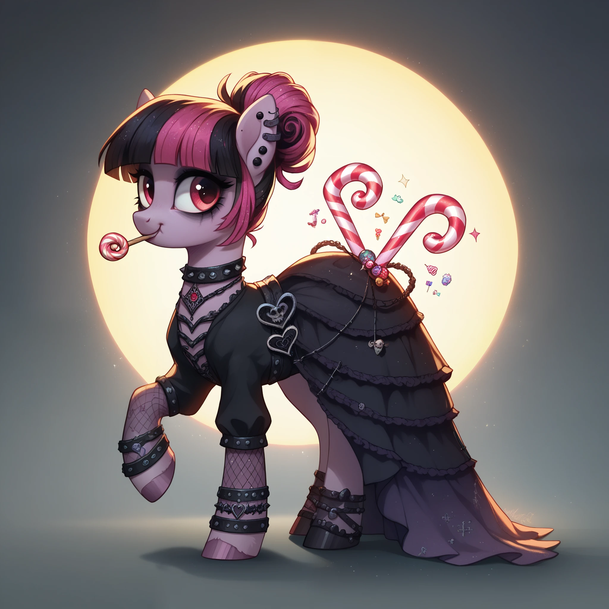 score_9,score_8_up,score_7_up,score_6_up, cute Zombie pony, Goth fashion, glowing backlight, candy, pink scene, glitter, whimsical, enchanted, magical, fantasy art concept, intricate details,
