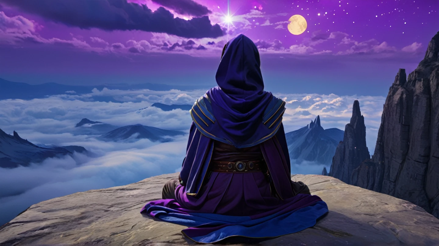 arcan3styl3v1, masterpiece, highcontrast, A jedi master with a yellow (old  ragged, hood, cape) sitting on rock meditating, top of the mountain, clouds, top view,  star wars landscape.  Blue and purple cloths, night time, space, stars, various moons, and planets, purple aurora boreal in the sky, no face, view his back from the sides, panoramic