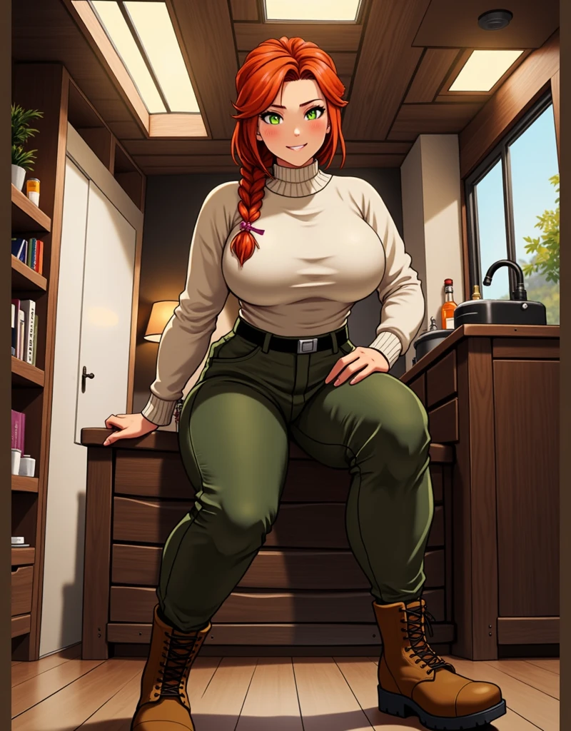 sancy anime girl redhead, braided hair, beautiful green eyes, sexy ,seductive, warm sweater, camouflage pants, army belt, army boots,