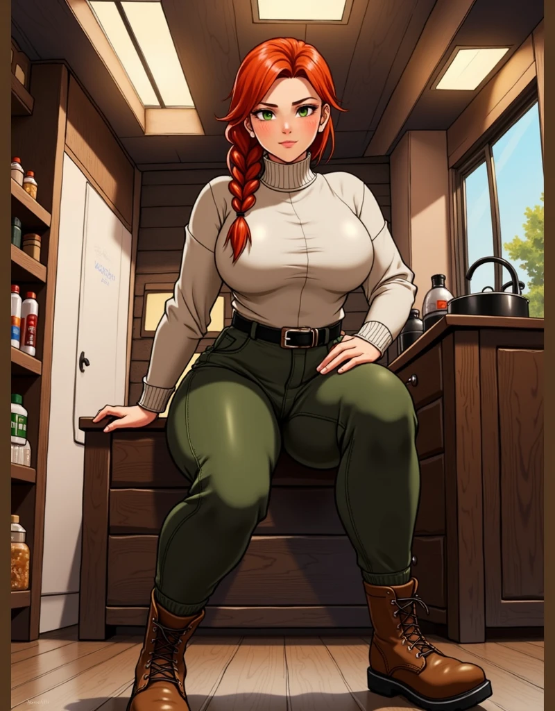 sancy anime girl redhead, braided hair, beautiful green eyes, sexy ,seductive, warm sweater, camouflage pants, army belt, army boots,