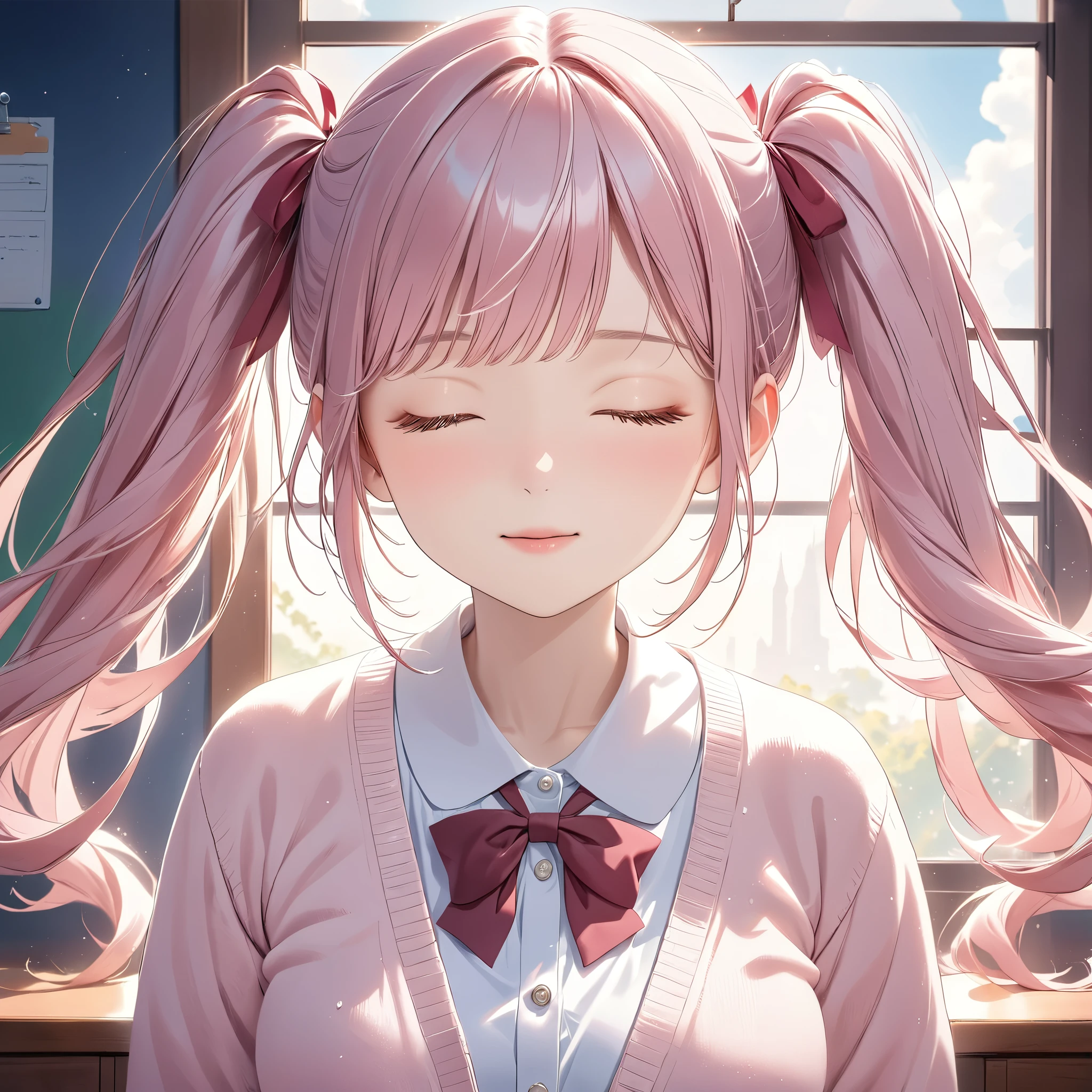 (8K, masutepiece, Best Quality, Official art, beautiful detailed, beautiful lighting, best masterpiece in history that exceeds limits), (1 Girl, Solo), (sixteen years old), (beautiful detailed face), (shiny white skin), (Beautiful big bust:1.3), (beautiful detailed pink twin tails hair, Bangs:1.3), (close eyes:1.8), (high school uniform:1.3), (pastel pink cotton cardigan, closed front, long sleeves:1.5), (open collar white shirt, pastel pink ribbon tie:1.3), (hold a pocky in mouth, sucking on a pocky, have a pocky in mouth, pocky game:1.5), (happy smile:1.2), (Attractive, cute pose:1.3), (no background, simple white plain background:1.5),