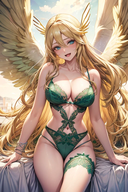 Angewomon,Very detailed、(((green lingerie))), highest quality、Best image quality、masterpiece、8k、Anime Face、A kind smile、Open Mouth、(Blonde long hair:1.5)、big breast, sexy、 beautiful body 、Cowboy Shot, (((white multiple angel wings))), Sexual Intercourse,blue eyes, (((heaven bed)))