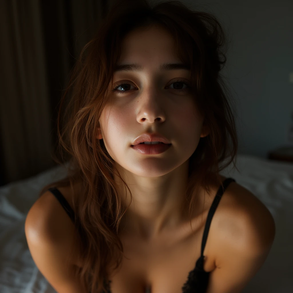 A close-up view of a young East-Asian woman with long brown messy hair, kneeling on her knees, looking up at the camera with a erotic expression, close eyes, open mouth,delicate features, wearing a black lace top, natural lighting with soft shadows, creating a warm and extreme intimate atmosphere.in Hotel room, night,her had on her bra strap