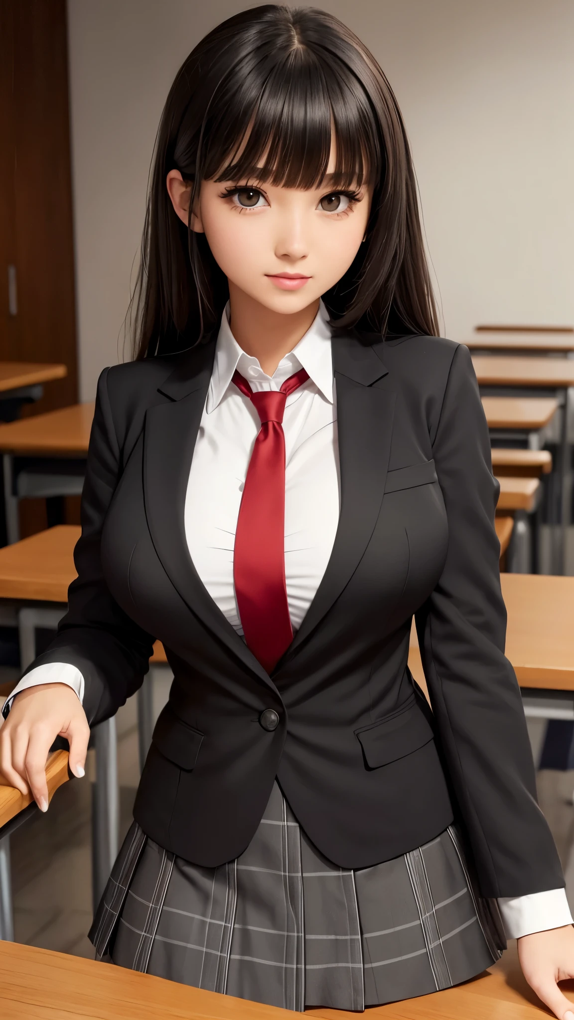 A dark-haired　eye glasses　Mini Uniform　chairman　Tsundere　female high-school student
