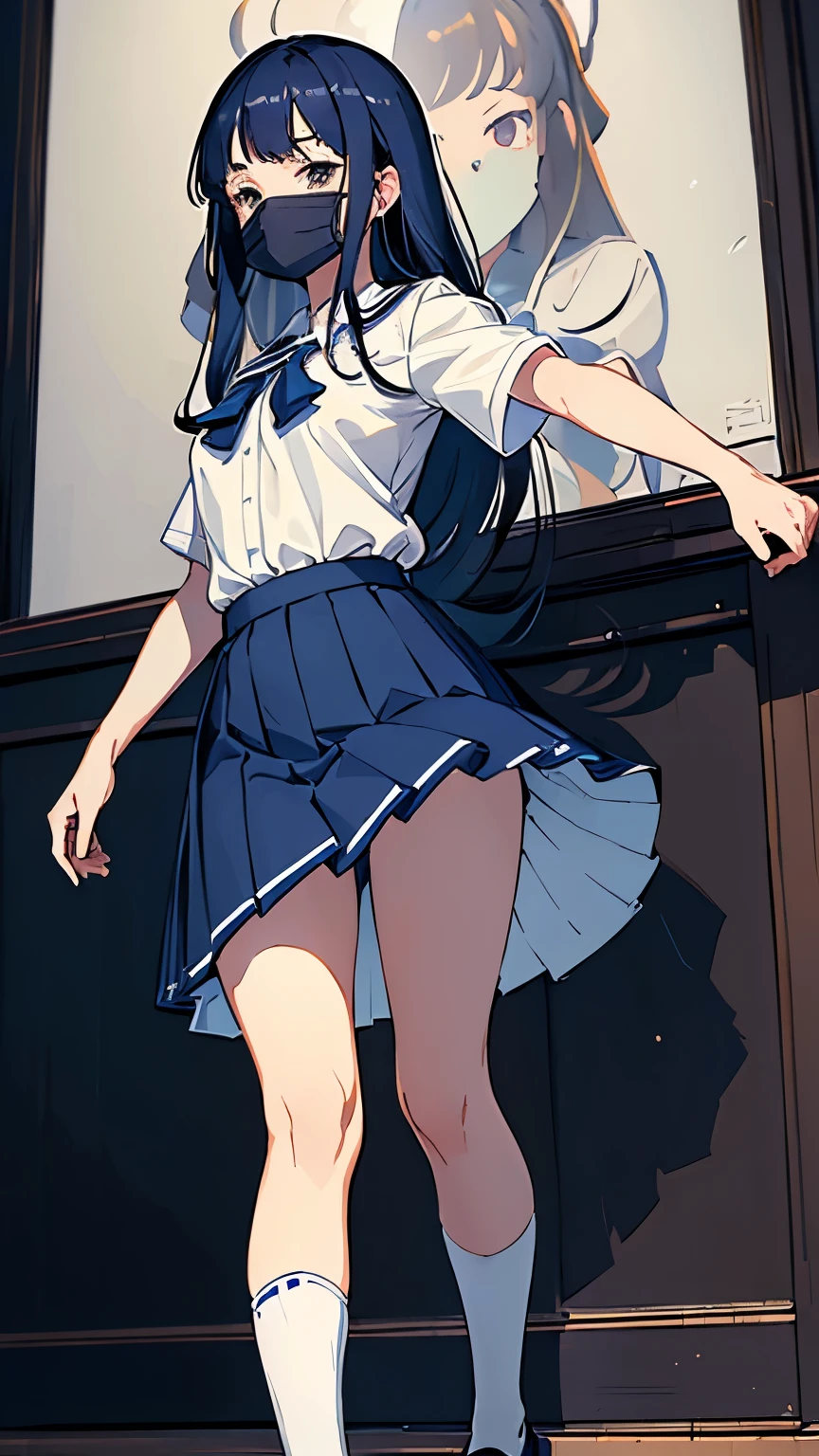 1 chica, uniforme escolar, falda, largo,pelo negro,flequillo, , cuello marinero, camisa, mangas largas,mirando al orisonte