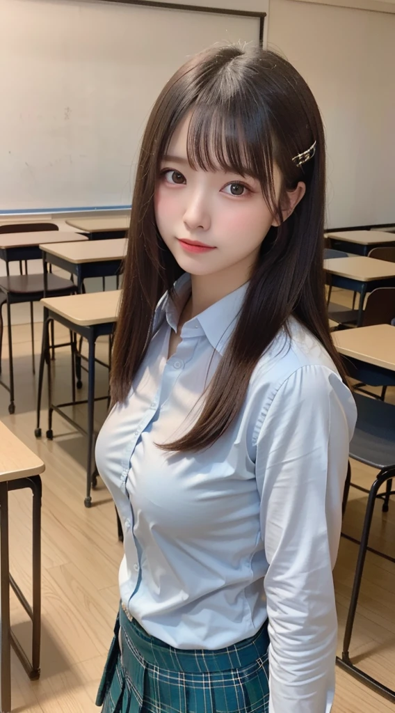 ((School classroom))、(8K, Highest quality, Realistic:1.3, photoRealistic), (alone), (1 Girl), Japanese、Light, (masterpiece:1.2), Depth of written boundary, (In the room), (A nice firm mid-bust:1.2), Small beautiful butt, (Narrow waist), Thin thighs、(White skin), (Beautiful silky brown hair),(Beautiful Face:1.2) ,(Bright Eyes), Slender body line、(A petite and elegant girl:1.2、-faced princess:1.4), alone , ((Noble sheer dress:1.3))、(from the front)