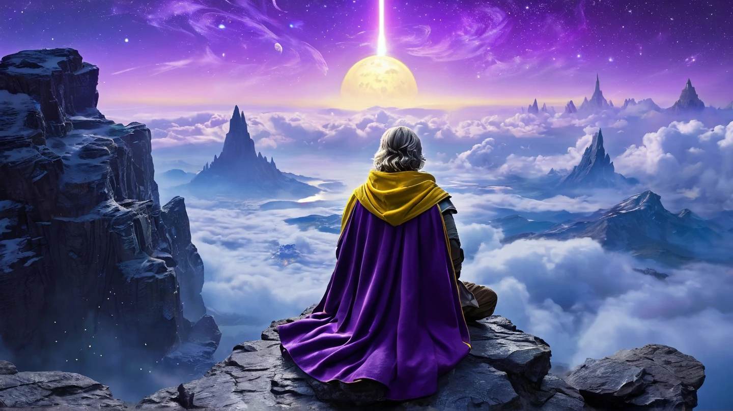 arcan3styl3v1, masterpiece, highcontrast, A jedi master with a yellow (old  ragged, cloak, cape) sitting on rock meditating, top of the mountain, clouds, top view,  star wars landscape.  Blue and purple cloths, night time, space, stars, various moons, and planets, purple aurora boreal in the sky, no face, view his back from the sides, panoramic