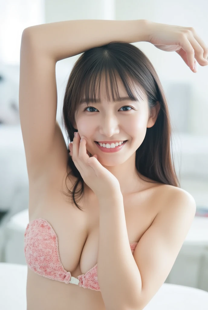 Only one woman with a cute smile wears cute, fluffy off-shoulder pajamas, makes a big heart shape with both hands, and poses them in front of her chest, View above collarbone、The background is a monotone 

