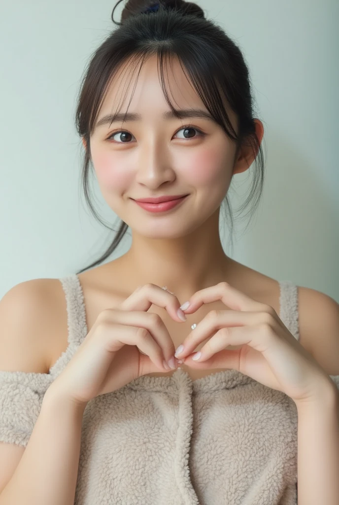 Only one woman with a cute smile wears cute, fluffy off-shoulder pajamas, makes a big heart shape with both hands, and poses them in front of her chest, View above collarbone、The background is a monotone 

