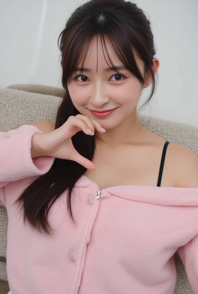 Only one woman with a cute smile wears cute, fluffy off-shoulder pajamas, makes a big heart shape with both hands, and poses them in front of her chest, View above collarbone、The background is a monotone 

