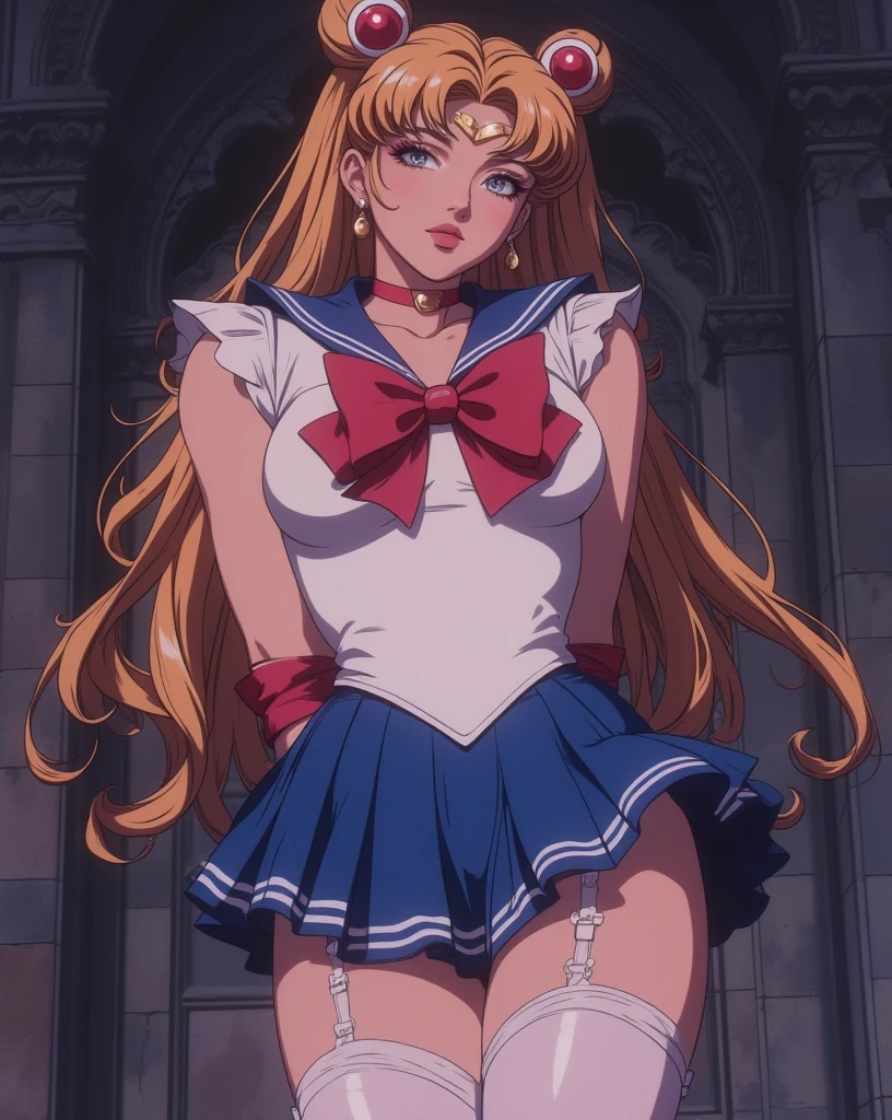 Jed-salmn, sailormoon,hairaccesoires,b74_aes,aidmaponystyle,aidmaimageupgrader,The scene is depicted in retro anime style,Sailormoon character,deep rich colors,beautifull face,,lipstick and makeup, big boobs and thick wide hips ,posing for camera ,looking at camera, with white laced thigh highs, wide hips and big boobs with hands behind her back and leaning forward.