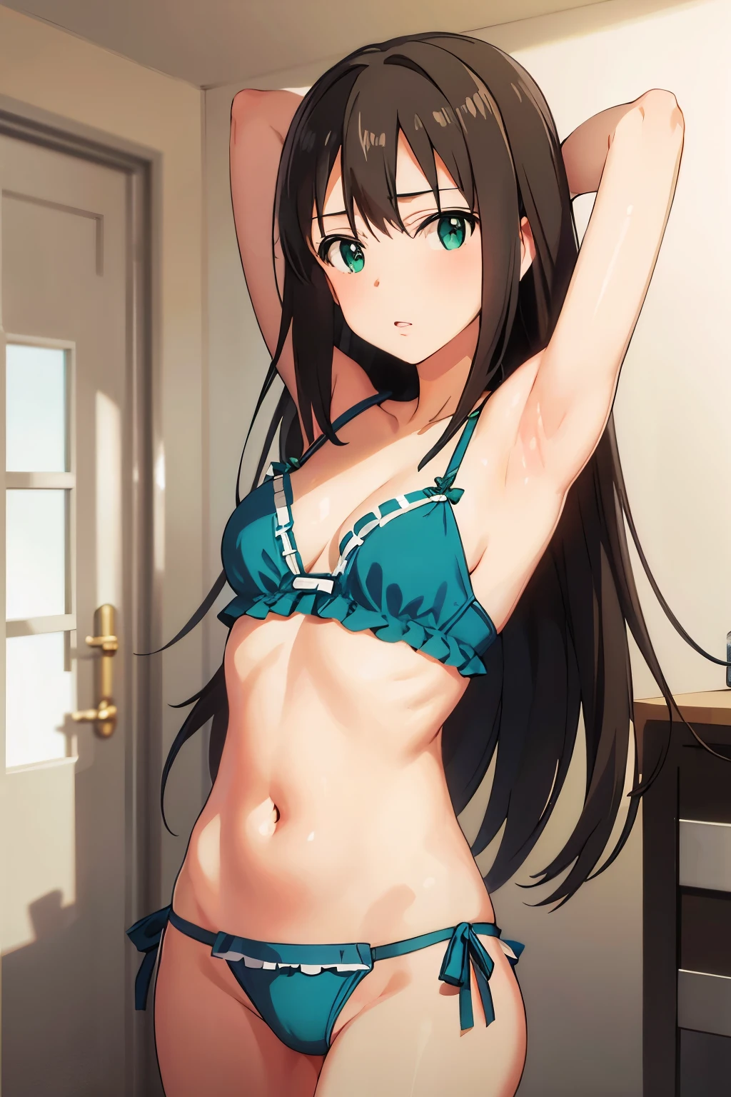 Micro Bikini，Parker jacket， (High resolution:1.4), (masutepiece:1.2), (High quality:1.3) 1girl, saten ruiko, green eyes, long hair, black hair, small breast, cinematic lighting, pov, grin, dynamic angle, party pool, 