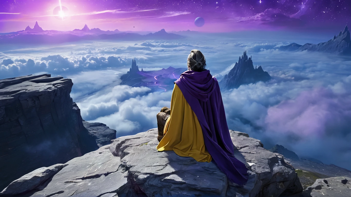 arcan3styl3v1, masterpiece, highcontrast, A jedi master with a yellow (old  ragged, cloak, cape) sitting on rock meditating, top of the mountain, clouds, top view,  star wars landscape.  Blue and purple cloths, night time, space, stars, various moons, and planets, purple aurora boreal in the sky, no face, view his back from the sides, panoramic