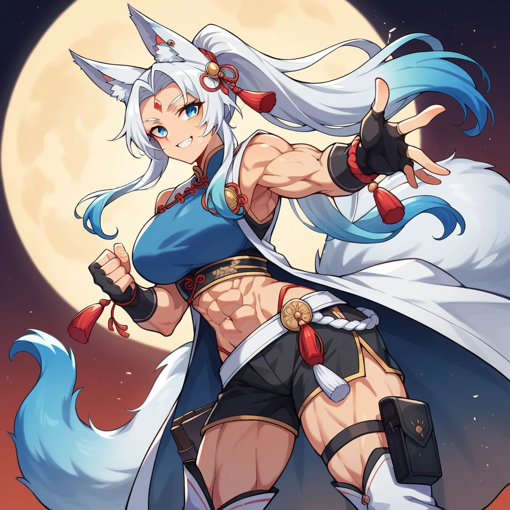 Large biceps, ( FeixiaoDefault, animal ears, long hair, ponytail, gradient hair, white hair, blue eyes, forehead jewel, ear piercing, tassel hair ornament, tassel earring, blue shirt, chinese clothes, brooch, red tassel, white coat, black gloves, fingerless gloves, white belt, blue waist cape, black shorts, thigh strap, knee boots,((animal ears,fox ears,gradient kitsune tail)), solo, holster on the hips,,((night japanese festival)),female abs,muscular, (eight abs pack),((smiling)),((scar on body)),((holding an ice cream)),((eight kitsune tails)),((watch on wrist)),((nighttime)),one hand reaching out towards the viewer,((night star sky)),moon