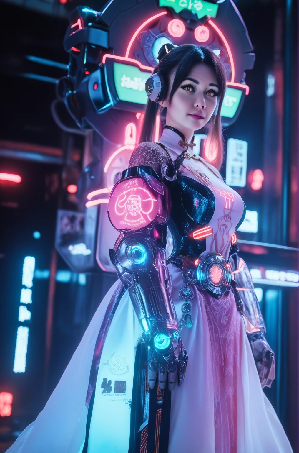 1 girl solo, perfect_hand, (8k, RAW photo, best quality, masterpiece:1.2), (realistic, photo-realistic:1.4), (extremely detailed CG unity 8k wallpaper),full body, (neon lights:1.2), machop, mechanical arms,mecha, hanfu, Chinese clothes, dress,