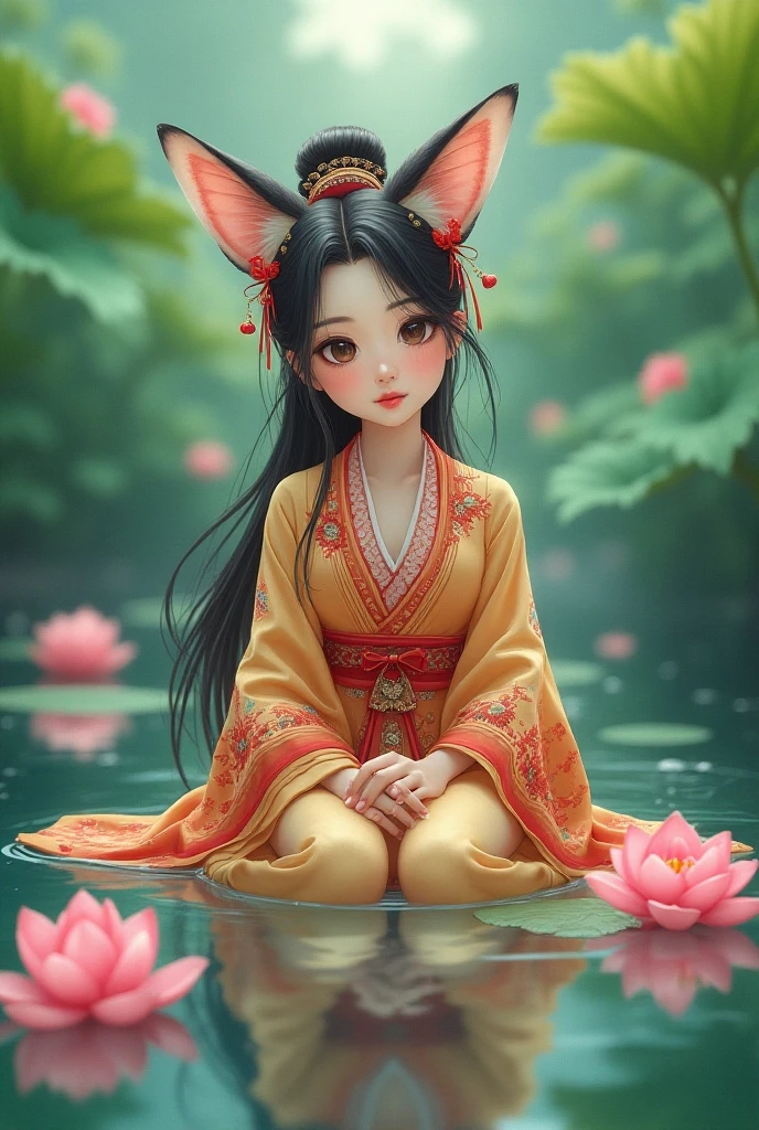 (Highest quality:1.2), Beautiful lo-fi minimalist vibe, Cute absurd, , in the style of unreal engine 5 art style, Glitter, Oil painting style art high resolution, Extremely detailed, (1 Girl:1.3), Hand Painted, Simple lines, 16-year-old girl wearing colorful Chinese Hanfu, Sexy fox ears girl, By the lotus pond, masterpiece, sitting in water, Floating clothes, Flowing hairLight bokeh, (best quality,4k,8k,highres,masterpiece:1.2),ultra-detailed,(realistic,photorealistic,photo-r