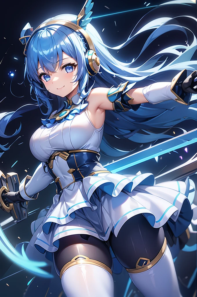 smile、smile、mecha wing、Thighs、tights、chest、Shiny blue hair、 1 girl、 solo girl 、 headset 、idol dress、 I have a sword、 has a shield、mecha girl、 white miniskirt 、Light Blue Armor