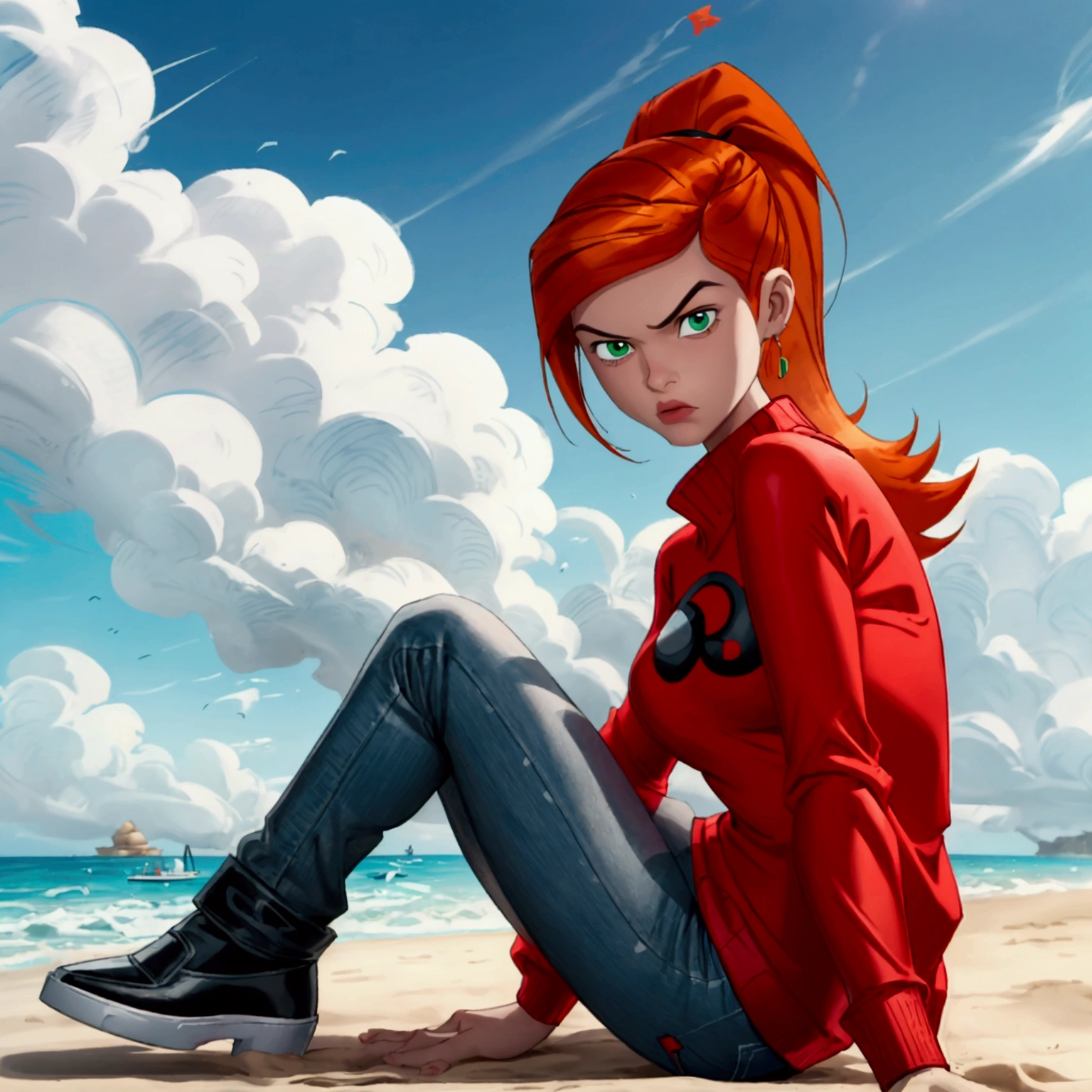 Gwen 10 at the beach, comic bubble with text "YO HUSSNAIN, from ben 10, teen girl wearing red shirt, red sweater, gray jeans, black flats, orange hair high ponytail, green eyes, stylish look, clean bold lines, cartoonish animated style in style of dark ben 10 cartoon