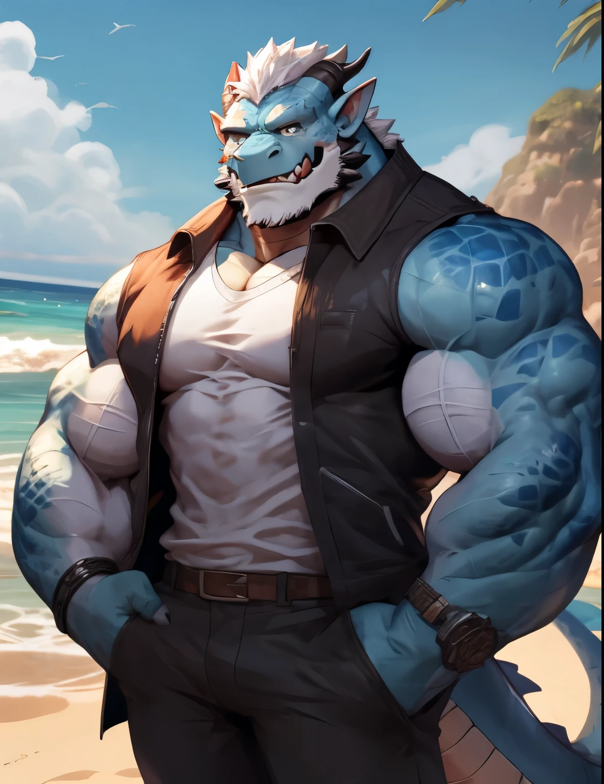 ( perfect quality )bad,Dragon Orc ,blue scales, white hair, white shirt,loose jacket ,strong muscles, hands in pockets, happy smile ,8k,HD,Seaside backdrop,