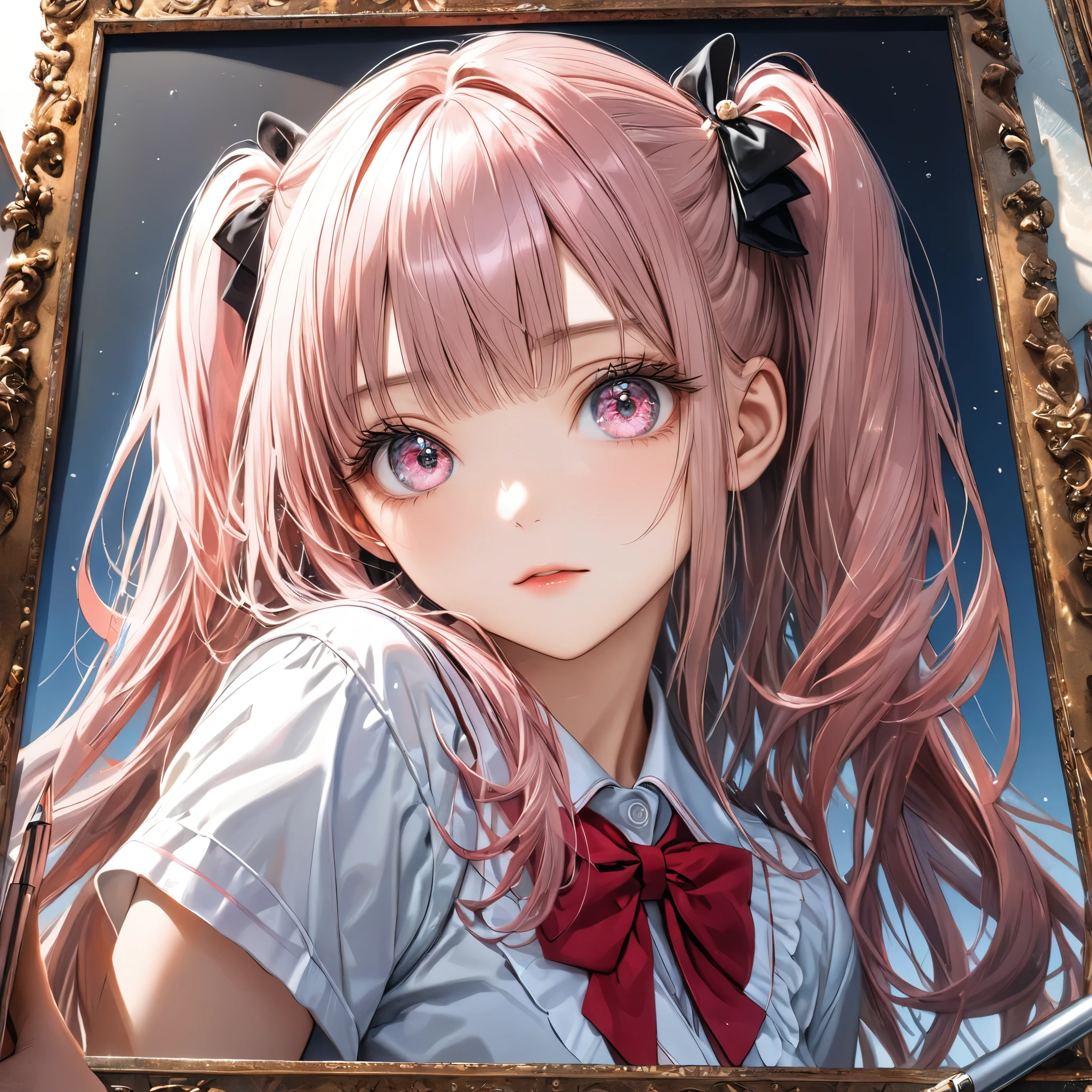 (((absurdres, highres, ultra detailed, HDR, master piece, best quality, extremely detailed, delicated features, noise removal))), 1 woman, Age s, long hair, blunt bangs, pink twintails hair, clear pink eyes, Beautifully drawn eyelashes Long, narrow eyes, perfect eyes, fine eyes, Make the picture clearer, write with sharp eyes, clear parts eye shape, makeup, anime, high school uniform,