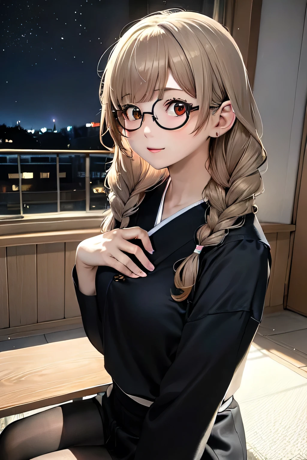 masterpiece, (photorealistic:1.5), best quality, beautiful lighting, 1girl, solo, uguisu_anko, glasses, round eyewear, brown hair, folded ponytail, black eyes, turtleneck sweater, black sweater, short sleeves, upper body, indoors