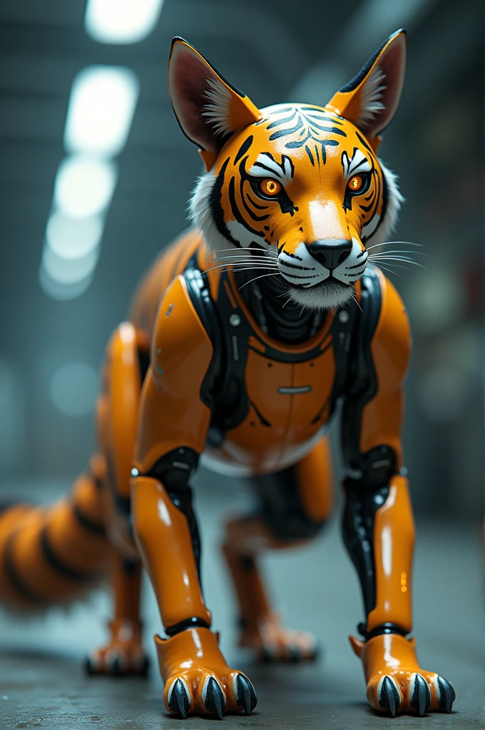 （Female robotic tiger), Solitary,, Detailed fur texture, (Cyberpunk), (Wearing a sleeveless vest and black shorts), ,Feet are claws wearing beach sandals,Metal body，Wires and cables that connect the header and body，Mechanical limbs，Trunk wires and cables，Mechanical plug,Wire inserted into the belly, dawn, shadow, Bright environment, (Chest gemstones), , (Kantanagarmouli)), (Bottom view), Looks excited, [Simple background], Detailed student, Masterpiece Artwork, Caustic lines, Rim Light, Single light source, 清晰的shadow, Finger claws, (Digital Grade, Claws),Sitting in the warehouse with my feet up