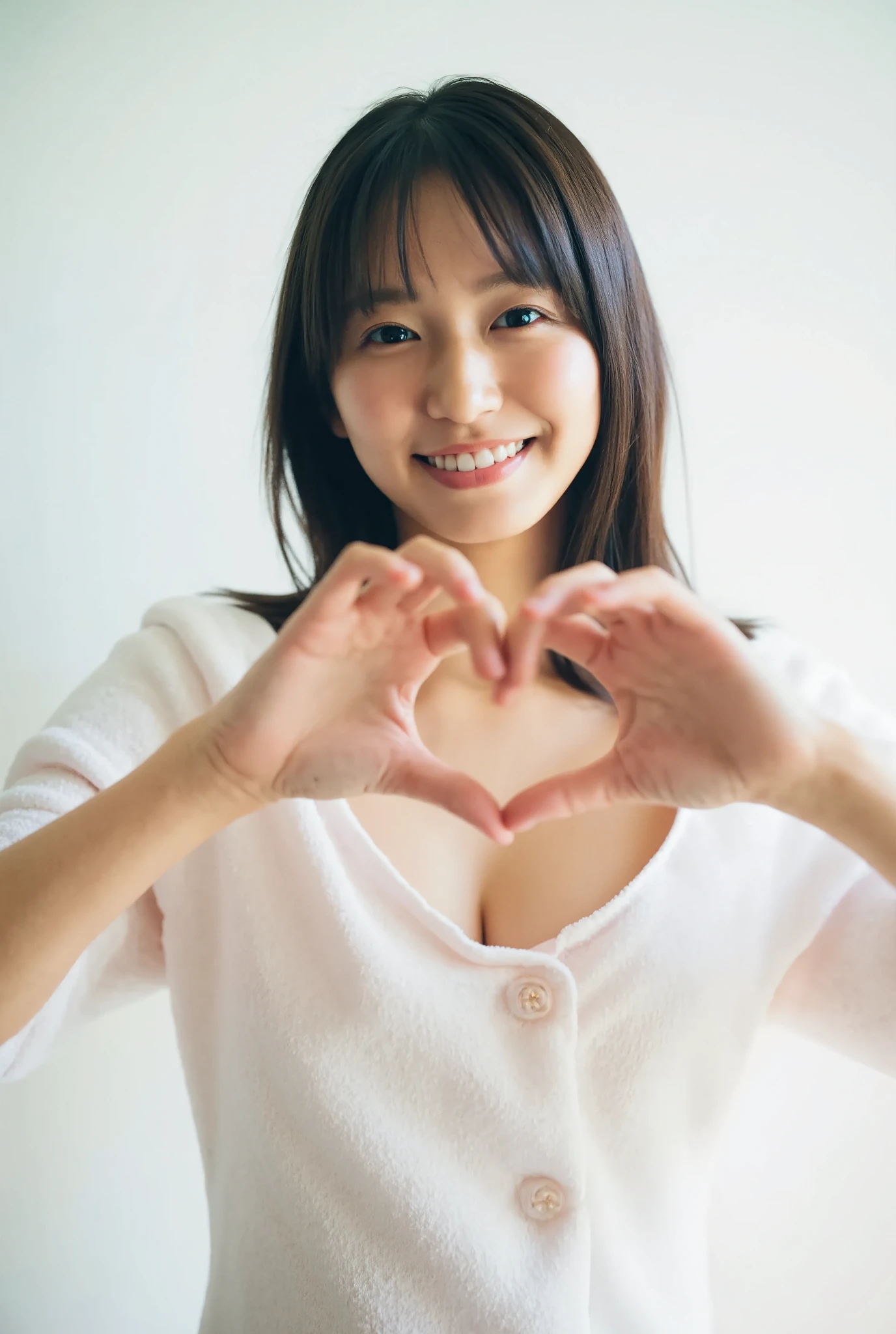 Only one woman with a cute smile wears cute, fluffy off-shoulder pajamas, makes a big heart shape with both hands, and poses them in front of her chest, View above collarbone、The background is a monotone 

