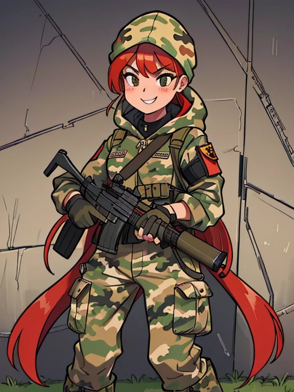 girl with smile and red hair, with a camouflage jacket, camouflage balaclava, tactical gloves, camouflage pants and army boots.